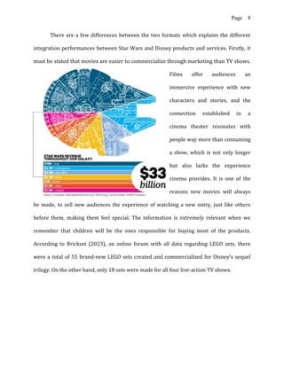 Page 8
There are a few differences between the two formats which explains the different
integration performances between Star Wars and Disney products and services. Firstly, it
must be stated that movies are easier to commercialize through marketing than TV shows.
Films offer audiences an
immersive experience with new
characters and stories, and the
connection established in a
cinema theater resonates with
people way more than consuming
a show, which is not only longer
but also lacks the experience
cinema provides. It is one of the
reasons new movies will always
be made, to sell new audiences the experience of watching a new entry, just like others
before them, making them feel special. The information is extremely relevant when we
remember that children will be the ones responsible for buying most of the products.
According to Brickset (2023), an online forum with all data regarding LEGO sets, there
were a total of 55 brand-new LEGO sets created and commercialized for Disney’s sequel
trilogy. On the other hand, only 18 sets were made for all four live-action TV shows.
 