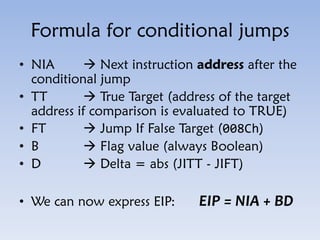 Formula for conditional jumps
• NIA  Next instruction address after the
conditional jump
• TT  True Target (address of t...