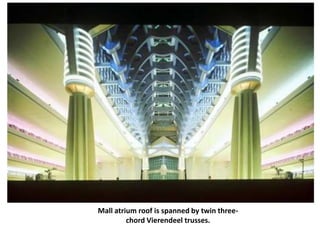 Mall atrium roof is spanned by twin three-
         chord Vierendeel trusses.
 