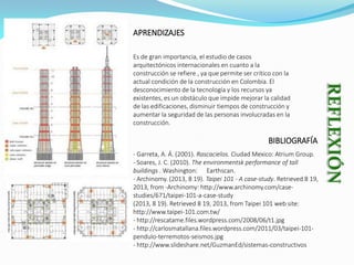 APRENDIZAJES
Es de gran importancia, el estudio de casos
arquitectónicos internacionales en cuanto a la
construcción se refiere , ya que permite ser crítico con la
actual condición de la construcción en Colombia. El
desconocimiento de la tecnología y los recursos ya
existentes, es un obstáculo que impide mejorar la calidad
de las edificaciones, disminuir tiempos de construcción y
aumentar la seguridad de las personas involucradas en la
construcción.

BIBLIOGRAFÍA
- Garreta, A. Á. (2001). Rascacielos. Ciudad Mexico: Atrium Group.
- Soares, J. C. (2010). The environmentsk performance of tall
buildings . Washington: Earthscan.
- Archinomy. (2013, 8 19). Taipei 101 - A case-study. Retrieved 8 19,
2013, from -Archinomy: http://www.archinomy.com/casestudies/671/taipei-101-a-case-study
(2013, 8 19). Retrieved 8 19, 2013, from Taipei 101 web site:
http://www.taipei-101.com.tw/
- http://rescatame.files.wordpress.com/2008/06/t1.jpg
- http://carlosmatallana.files.wordpress.com/2011/03/taipei-101pendulo-terremotos-seismos.jpg
- http://www.slideshare.net/GuzmanEd/sistemas-constructivos

 