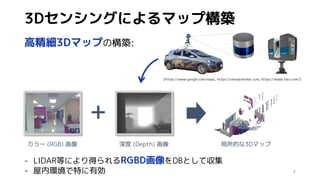 3Dセンシングによるマップ構築
高精細3Dマップの構築:
4
＋
カラー (RGB) 画像 深度 (Depth) 画像 局所的な3Dマップ
- LIDAR等により得られるRGBD画像をDBとして収集
- 屋内環境で特に有効
[https://www.google.com/maps, https://velodynelidar.com, https://www.faro.com/]
 