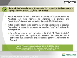 ESTRATÉGIA


  >      Patrocínio Cultural é uma ferramenta de comunicação da empresa e
         agrega VALOR e REPUTAÇÃO à sua marca:

       Ìndice Petrobras de Mídia: em 2011 a Cultura foi o oitavo tema da
        Petrobras com mais inserções na imprensa e o primeiro em
        “positividade”. Foram 1466 matérias, das quais 98,2% positivas.
       Mídias sociais: assim como ocorre nas mídias tradicionais, o assunto
        “patrocínio” é capaz de alavancar as menções “buz” à Petrobras de
        forma positiva.
         No mês de março, por exemplo, o Festival “É Tudo Verdade”
          contribuiu para um significativo aumento das menções sobre
          patrocínio, que subiram de 376 ocorrências para 935, na semana do
          Festival.


                  Marca Petrobras: valorização de 691 % de 2003 a 2010
                 Fontes: Interbrand (2003-2004) e Brand Analytics (2005-2010):
                       considerando somente o segmento de Distribuição



GERÊNCIA SETORIAL DE PATROCÍNIO CULTURAL
 