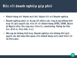8
R c r i doanh nghi p g p ph iắ ố ệ ặ ả
● Khách hàng tr thành m t th thách i v i Doanh nghi pở ộ ử đố ớ ệ
● Doanh nghi p ph i s d ng r t nhi u các ng d ng không tíchệ ả ử ụ ấ ề ứ ụ
h p gi i quy t các v n v khách hàng (POS, CRM, Qu nợ để ả ế ấ đề ề ả
lý Ngu n d n, th ng m i i n t , marketing, thông tin liênồ ẫ ươ ạ đ ệ ử
l c, d ch v h u mãi, v.v.)ạ ị ụ ậ
● Nh ng do không tích h p, Doanh nghi p v n không th gi iư ợ ệ ẫ ể ả
quy t các bài toán liên quan n khách hàng m t cách tri tế đế ộ ệ để
và hi u qu .ệ ả
 