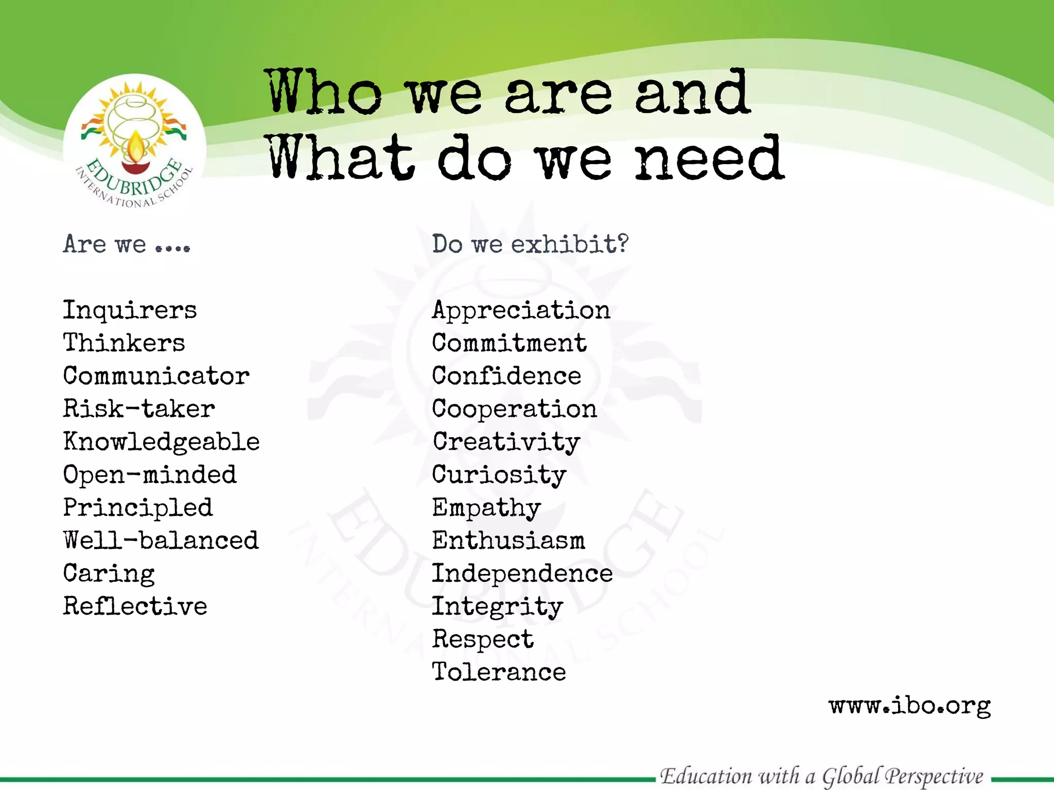 Are we …. Do we exhibit?
Inquirers Appreciation
Thinkers Commitment
Communicator Confidence
Risk-taker Cooperation
Knowledgeable Creativity
Open-minded Curiosity
Principled Empathy
Well-balanced Enthusiasm
Caring Independence
Reflective Integrity
Respect
Tolerance
www.ibo.org
Who we are and
What do we need
 