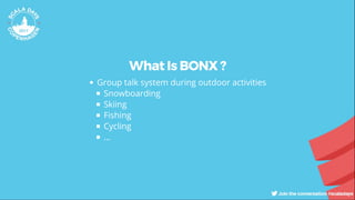 What Is BONX ?
Group talk system during outdoor activities
Snowboarding
Skiing
Fishing
Cycling
...
 