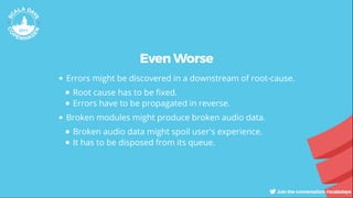 Even Worse
Errors might be discovered in a downstream of root-cause.
Root cause has to be xed.
Errors have to be propagated in reverse.
Broken modules might produce broken audio data.
Broken audio data might spoil user's experience.
It has to be disposed from its queue.
 