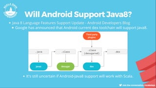 Will Android Support Java8?
Google has announced that Android current dex toolchain will support Java8.
Java 8 Language Features Support Update - Android Developers Blog
It's still uncertain if Android-Java8 support will work with Scala.
 