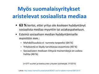 Myös suomalaisyritykset  aristelevat sosiaalista mediaa 63 %  kertoi, ettei yritys ole  koskaan  hyödyntänyt sosiaalista mediaa myyntiin tai asiakaspalveluun.  Esteinä sosiaalisen median hyödyntämiselle mainittiin mm.:  Mahdollisuuksia ei  tunneta tarpeeksi (64 %) Yrityksestä ei löydy tarvittavaa osaamista (40 %)  Sosiaaliseen mediaan liittyviä maineriskejä on vaikea hallita (40 %)  Lähde:  http://www.marmai.fi/uutiset/article362821.ece?s=u&wtm=marmai-08012010 (n=277 suurten ja keskisuurten yritysten työntekijää, 01/2010) 