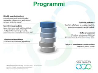 Programmi
Tulevaisuuskartta
Vuorten valloitusta ja paradigmaattisia
oppimisen maanpinnan järistyksiä.
Delfoi ja barometri
Metodista tulevaisuuden käsittelyä
perusopetuksen ja lukion tulevaisuuseväiksi.
Opitun ja ymmärretyn tunnistaminen
Mikä mies ja millä asialla?
Hybridi organisoituminen
Ensin oli suora suhde, sitten hierarkia,
seuraavaksi erikoistuminen ja viimeiseksi
verkosto. Mitä siitä seuraa?
Iskemiä tulevaisuuteen
Jakaumia, argumentteja ja johtopäätöksiä.
Sengen disipliinit, Valtamerilaivalla,
Aristoteleen teon teoria, Bahtinin tieto-oppi.
Tulevaisuuksientutkimus
Aikamatkailun uskomukset ja professiot
 