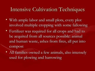 Intensive Cultivation Techniques With ample labor and small plots, every plot involved multiple cropping with some fallowing Fertilizer was required for all crops and had to be acquired from all sources possible: animal and human waste, ashes from fires, all put into compost All families owned a few animals, also intensely used for plowing and harrowing 