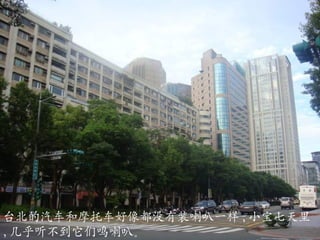 台北的汽车和 摩托 车好像都没有装喇叭一样 , 小宝七天里 , 几乎听不到它们鸣喇叭 。 
