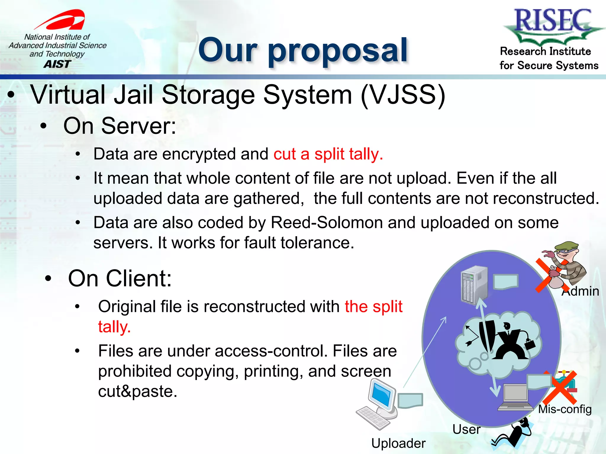 Our proposal                                Research Institute
                                                                   for Secure Systems

• Virtual Jail Storage System (VJSS)
  • On Server:
     • Data are encrypted and cut a split tally.
     • It mean that whole content of file are not upload. Even if the all
       uploaded data are gathered, the full contents are not reconstructed.
     • Data are also coded by Reed-Solomon and uploaded on some
       servers. It works for fault tolerance.

   • On Client:
     •   Original file is reconstructed with the split
         tally.
                                                                      ×       Admin



     •   Files are under access-control. Files are


                                                                       ×
         prohibited copying, printing, and screen
         cut&paste.
                                                                         Mis-config
                                                            User
                                                 Uploader
 