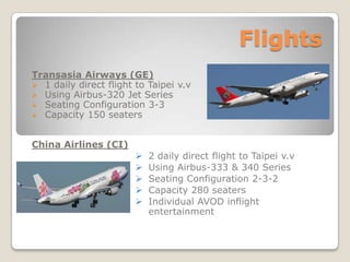 Flights
Transasia Airways (GE)
? 1 daily direct flight to Taipei v.v
? Using Airbus-320 Jet Series
? Seating Configuration 3-3
? Capacity 150 seaters



China Airlines (CI)
                        ?   2 daily direct flight to Taipei v.v
                        ?   Using Airbus-333 & 340 Series
                        ?   Seating Configuration 2-3-2
                        ?   Capacity 280 seaters
                        ?   Individual AVOD inflight
                            entertainment
 