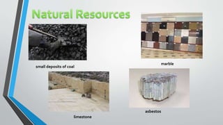 small deposits of coal
limestone
marble
asbestos
 