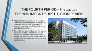 THE FOURTH PERIOD – the 1970s :
THE 2ND IMPORT SUBSTITUTION PERIOD
• Focus on the improvement ofTaiwan's
infrastructure with the establishment of
the IndustrialTechnology Research
Institute, and later the Hsinchu Science-
based Industrial Park.
• Two oil crises occurred during the 1970s,
yetTaiwan's SMEs weathered the oil
crises, and was able to recover with a
significant growth in the percentage of
total production value, employment and
capitalization.
 