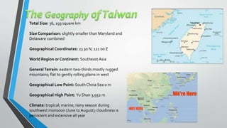 Total Size: 36, 193 square km
Size Comparison: slightly smaller than Maryland and
Delaware combined
Geographical Coordinates: 23 30 N, 121 00 E
World Region or Continent: Southeast Asia
GeneralTerrain: eastern two-thirds mostly rugged
mountains; flat to gently rolling plains in west
Geographical Low Point: South China Sea 0 m
Geographical High Point: Yu Shan 3,952 m
Climate: tropical; marine; rainy season during
southwest monsoon (June to August); cloudiness is
persistent and extensive all year
 