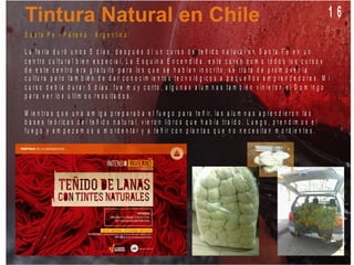 1 6
S a n t a F e - P a r a n á - A r g e n t in a
L a f e r ia d u r ó u n o s 5 d í a s , d e s p u é s d í u n c u r s o d e t e ñ id o n a t u r a l e n S a n t a F e e n u n
c e n t r o c u lt u r a l b ie n e s p e c ia l, L a E s q u in a E n c e n d id a , e s t e c u r s o c o m o t o d o s lo s c u r s o s
d e e s t e c e n t r o e r a g r a t u it o p a r a lo s q u e s e h a b í a n in s c r it o , s e t r a t a d e p r o m o v e r la
c u lt u r a p e r o t a m b ié n d e d a r c o n o c im ie n t o s t e c n o ló g ic o s a p e q u e ñ o s e m p r e n d e d o r e s . M i
c u r s o d e b í a d u r a r 5 d í a s , f u e m u y c o r t o , a lg u n a s a lu m n a s t a m b ié n v in ie r o n e l D o m in g o
p a r a v e r lo s ú lt im o s r e s u lt a d o s .
M ie n t r a s q u e u n a a m ig a p r e p a r a b a e l f u e g o p a r a t e ñ ir, la s a lu m n a s a p r e n d ie r o n la s
b a s e s t e ó r ic a s d e l t e ñ id o n a t u r a l, v ie r o n lib r o s q u e h a b ía t r a í d o . L u e g o , p r e n d im o s e l
f u e g o y e m p e z a m o s a m o r d e n t a r y a t e ñ ir c o n p la n t a s q u e n o n e c e s it a n m o r d ie n t e s .
 