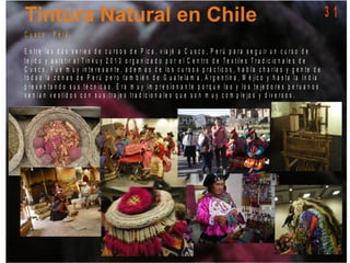 C u s c o - P e r ú
E n t r e la s d o s s e r ie s d e c u r s o s d e P ic a , v ia jé a C u s c o , P e r ú p a r a s e g u ir u n c u r s o d e
t e jid o y a s is t ir a l T in k u y 2 0 1 3 o r g a n iz a d o p o r e l C e n t r o d e T e x tile s T r a d ic io n a le s d e
C u s c o . F u e m u y in t e r e s a n t e , a d e m a s d e lo s c u r s o s p r á c t ic o s , h a b í a c h a r la s y g e n te d e
t o d a s la z o n a s d e P e r ú p e r o t a m b ié n d e G u a t e la m a , A r g e n t in a , M é jic o y h a s t a la I n d ia
p r e s e n t a n d o s u s t é c n ic a s . E r a m u y im p r e s io n a n t e p o r q u e la s y lo s t e je d o r e s p e r u a n o s
v e n í a n v e s t id o s c o n s u s t r a je s t r a d ic io n a le s q u e s o n m u y c o m p le jo s y d iv e r s o s .
3 1
 