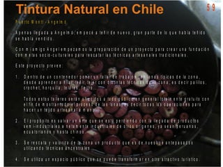 P u e r t o M o n t t - A n g e lm ó
A p e n a s lle g a d a a A n g e lm ó , e m p e c é a t e ñ ir d e n u e v o , g r a n p a r t e d e lo q u e h a b í a t e ñ id o
s e h a b í a v e n d id o .
C o n m i a m ig o A n g e l e m p e z a m o s la p r e p a r a c ió n d e u n p r o y e c to p a r a c r e a r u n a f u n d a c ió n
c o n m e t a s s o c io - c u lt u r a le s p a r a r e s c a t a r la s t é c n ic a s a r t e s a n a le s t r a d ic io n a le s .
E s t e p r o y e c t o p r e v e e :
1 . D e n t r o d e u n c o n t e n e d o r p o n e r u n t a lle r d e t r a b a jo s c o n la n a s t í p ic a s d e la z o n a ,
d e s d e a p r e n d e r a h ila r, t e ñ ir, t e je r c o n d is t in t a s t é c n ic a s d e la z o n a , e s d e c ir p a lillo s ,
c r o c h e t , h o r q u illa , t e la r e s , f ie lt r o . . .
T o d o s e s t o s t a lle r e s s e r á n o f r e c id o s a t o d o p ú b lic o e n g e n e r a l t o t a lm e n t e g r a t u it o c o n
e l f in d e m o s t r a r t o d o e l p r o c e s o d e la s la n a s , e s d e c ir t o d a s la s o p e r a c io n e s p a r a
h a c e r u n t e jid o a r t e s a n a l a m a n o .
2 . E l p r o p ó s it o e s s a lv a r u n A r t e q u e s e e s t á p e r d ie n d o c o n la lle g a d a d e p r o d u c t o s
s e m i- in d u s t r ia le s o n e t a m e n t e in d u s t r ia le s d e o t r o s o r í g e n e s , y a s e a n p e r u a n o s ,
e c u a t o r ia n o s y h a s t a c h in o s .
3 . S e r e s c a ta y v a lo r iz a d e la z o n a u n p r o d u c t o q u e e s d e n u e s t r o s a n t e p a s a d o s
u tiliz a n d o t é c n ic a s a n c e s t r a le s .
4 . S e u t iliz a u n e s p a c io p ú b lic o q u e s e p u e d e t r a n s f o r m a r e n o t r o a t r a c t iv o t u r í s t ic o .
5 9
 