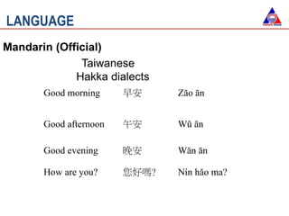 LANGUAGE
Mandarin (Official)
Taiwanese
Hakka dialects
Good morning 早安 Zăo ān
Good afternoon 午安 Wŭ ān
Good evening 晚安 Wăn ān
How are you? 您好嗎? Nín hăo ma?
 