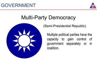 Multiple political parties have the
capacity to gain control of
government separately or in
coalition.
GOVERNMENT
Multi-Party Democracy
(Semi-Presidential Republic)
 