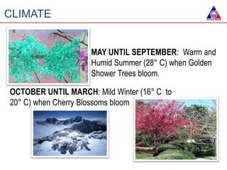 CLIMATE
MAY UNTIL SEPTEMBER: Warm and
Humid Summer (28° C) when Golden
Shower Trees bloom.
OCTOBER UNTIL MARCH: Mild Winter (16° C to
20° C) when Cherry Blossoms bloom
 