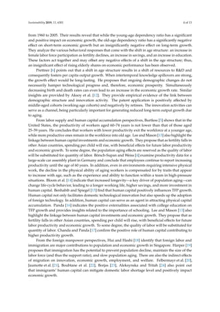 Sustainability 2019, 11, 6301 4 of 13
from 1960 to 2005. Their results reveal that while the young-age dependency ratio has a significant
and positive impact on economic growth, the old-age dependency ratio has a significantly negative
effect on short-term economic growth but an insignificantly negative effect on long-term growth.
They analyze the various behavioral responses that come with the shift in age structure: an increase in
female labor force participation as fertility declines, an increase in savings, and an increase in education.
These factors act together and may offset any negative effects of a shift in the age structure; thus,
an insignificant effect of rising elderly shares on economic performance has been observed.
Prettner [6] points out that a shift in age structure results in a shift of resources to RD and
consequently fosters per capita output growth. When intertemporal knowledge spillovers are strong,
the growth effect would be long-lasting. He proposes that ongoing demographic changes do not
necessarily hamper technological progress and, therefore, economic prosperity. Simultaneously
decreasing birth and death rates can even lead to an increase in the economic growth rate. Similar
insights are provided by Aksoy et al. [12]. They provide empirical evidence of the link between
demographic structure and innovation activity. The patent application is positively affected by
middle-aged cohorts (working-age cohorts) and negatively by retirees. The innovation activities can
serve as a channel, being particularly important for generating reduced long-term output growth due
to aging.
From labor supply and human capital accumulation perspectives, Burtless [5] shows that in the
United States, the productivity of workers aged 60–74 years is not lower than that of those aged
25–59 years. He concludes that workers with lower productivity exit the workforce at a younger age,
while more productive ones remain in the workforce into old age. Lee and Mason [13] also highlight the
linkage between human capital investments and economic growth. They propose that as fertility falls in
other Asian countries, spending per child will rise, with beneficial effects for future labor productivity
and economic growth. To some degree, the population aging effects are reserved as the quality of labor
will be substituted for quantity of labor. Börsch-Supan and Weiss [4] examine productivity data for a
large-scale car assembly plant in Germany and conclude that employees continue to report increasing
productivity until the age of 60 years. In addition, even in environments requiring intensive physical
work, the decline in the physical ability of aging workers is compensated for by traits that appear
to increase with age, such as the experience and ability to function within a team in high-pressure
situations. Bloom et al. [14] indicate that increased longevity—a key driver of population aging—can
change life-cycle behavior, leading to a longer working life, higher savings, and more investment in
human capital. Benhabib and Spiegel [15] find that human capital positively influences TFP growth.
Human capital not only facilitates domestic technological innovation but also speeds up the adoption
of foreign technology. In addition, human capital can serve as an agent in attracting physical capital
accumulation. Panda [16] indicates the positive externalities associated with college education on
TFP growth and provides insights related to the importance of schooling. Lee and Mason [13] also
highlight the linkage between human capital investments and economic growth. They propose that as
fertility falls in other Asian countries, spending per child will rise, with beneficial effects for future
labor productivity and economic growth. To some degree, the quality of labor will be substituted for
quantity of labor. Chanda and Panda [17] confirm the positive role of human capital contributing to
higher productivity growth.
From the foreign manpower perspectives, Hui and Hashi [18] identify that foreign labor and
immigration are major contributions to population and economic growth in Singapore. Harper [19]
proposes that immigration has the potential to prevent population decline, maintain the size of the
labor force (and thus the support ratio), and slow population aging. There are also the indirect effects
of migration on innovation, economic growth, employment, and welfare. Felbermayr et al. [20],
Jaumotte et al. [21], Boubtane et al. [22], Borjas [23], Aleksynska and Tritah [24] also point out
that immigrants’ human capital can mitigate domestic labor shortage level and positively impact
economic growth.
 