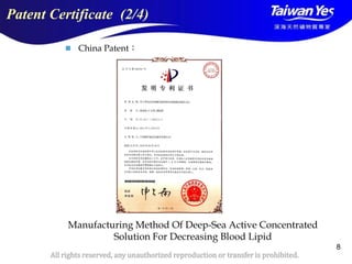 版權所有 翻印必究
All rights reserved, any unauthorized reproduction or transfer is prohibited.
8
 China Patent：
Patent Certificate (2/4)
Manufacturing Method Of Deep-Sea Active Concentrated
Solution For Decreasing Blood Lipid
 