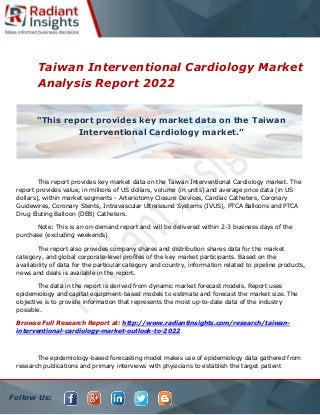 Follow Us:
Taiwan Interventional Cardiology Market
Analysis Report 2022
This report provides key market data on the Taiwan Interventional Cardiology market. The
report provides value, in millions of US dollars, volume (in units) and average price data (in US
dollars), within market segments - Arteriotomy Closure Devices, Cardiac Catheters, Coronary
Guidewires, Coronary Stents, Intravascular Ultrasound Systems (IVUS), PTCA Balloons and PTCA
Drug Eluting Balloon (DEB) Catheters.
Note: This is an on-demand report and will be delivered within 2-3 business days of the
purchase (excluding weekends)
The report also provides company shares and distribution shares data for the market
category, and global corporate-level profiles of the key market participants. Based on the
availability of data for the particular category and country, information related to pipeline products,
news and deals is available in the report.
The data in the report is derived from dynamic market forecast models. Report uses
epidemiology and capital equipment-based models to estimate and forecast the market size. The
objective is to provide information that represents the most up-to-date data of the industry
possible.
Browse Full Research Report at: http://www.radiantinsights.com/research/taiwan-
interventional-cardiology-market-outlook-to-2022
The epidemiology-based forecasting model makes use of epidemiology data gathered from
research publications and primary interviews with physicians to establish the target patient
“This report provides key market data on the Taiwan
Interventional Cardiology market.”
 