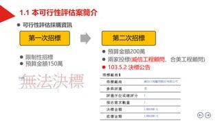  可行性評估採購資訊
 限制性招標
 預算金額150萬
 預算金額200萬
 兩家投標(威信工程顧問、合美工程顧問)
 103.5.2 決標公告
第一次招標 第二次招標
 