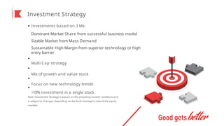 Investment Strategy
Investments based on 3 Ms:
Dominant Market Share from successful business model
Sizable Market from Mass Demand
Sustainable High Margin from superior technology or high
entry barrier
Multi Cap strategy
Mix of growth and value stock
Focus on new technology trends
<10% investment in a single stock
Note: Investment Strategy is based on the prevailing market conditions and
is subject to changes depending on the fund manager’s view of the equity
markets
 