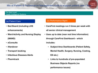 • Bed Board (including LOS
enhancements)
• Ward Activity and Nursing Display
(WAND)
• eConsults
• iHandover
• Transport booking
• Infectious Diseases Alerts
• Pharmtrack
• CareFirst meetings run 3 times per week with
all senior clinical management
• Uses up to date (near real time information)
through CareFirst Dashboard – which
includes:
• Subject Area Dashboards (Patient Safety,
Mental Health, Surgery, Nursing, Costing,
ED etc.)
• Links to hundreds of pre-populated
Business Objects Reports (no
performance issues)
(a) Patient Care (b) Performance Mgmt
Mix of Patient & Performance Management tools to support patient care / flow
33
The Next Level:
Health Intelligence Systems
 
