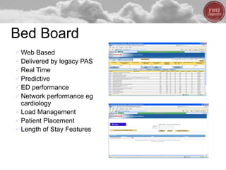 Bed Board
Web Based
Delivered by legacy PAS
Real Time
Predictive
ED performance
Network performance eg
cardiology
Load Management
Patient Placement
Length of Stay Features
34
 