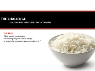 THE CHALLENGE
        FALLING RICE CONSUMPTION IN TAIWAN



 THE TASK
 “How would you propose
 uncovering insights on rice beliefs
 to shape the campaign recommendation? ”
 
