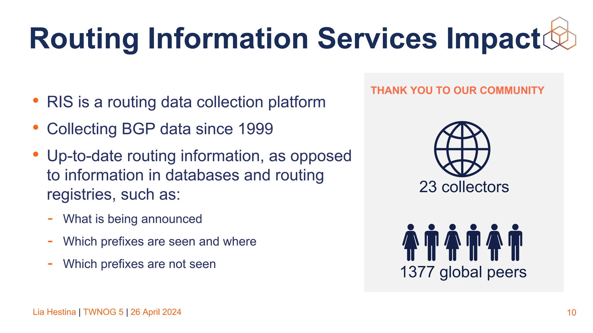 Lia Hestina | TWNOG 5 | 26 April 2024
• RIS is a routing data collection platform
• Collecting BGP data since 1999
• Up-to-date routing information, as opposed
to information in databases and routing
registries, such as:
- What is being announced
- Which prefixes are seen and where
- Which prefixes are not seen
10
23 collectors
1377 global peers
THANK YOU TO OUR COMMUNITY
Routing Information Services Impact
 