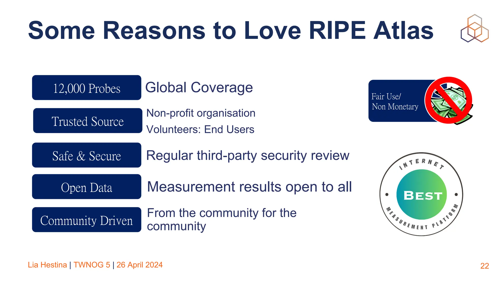 Lia Hestina | TWNOG 5 | 26 April 2024
Some Reasons to Love RIPE Atlas
22
Fair Use/
Non Monetary
Global Coverage
Regular third-party security review
Non-profit organisation
Volunteers: End Users
Measurement results open to all
From the community for the
community
12,000 Probes
Trusted Source
Safe & Secure
Open Data
Community Driven
 