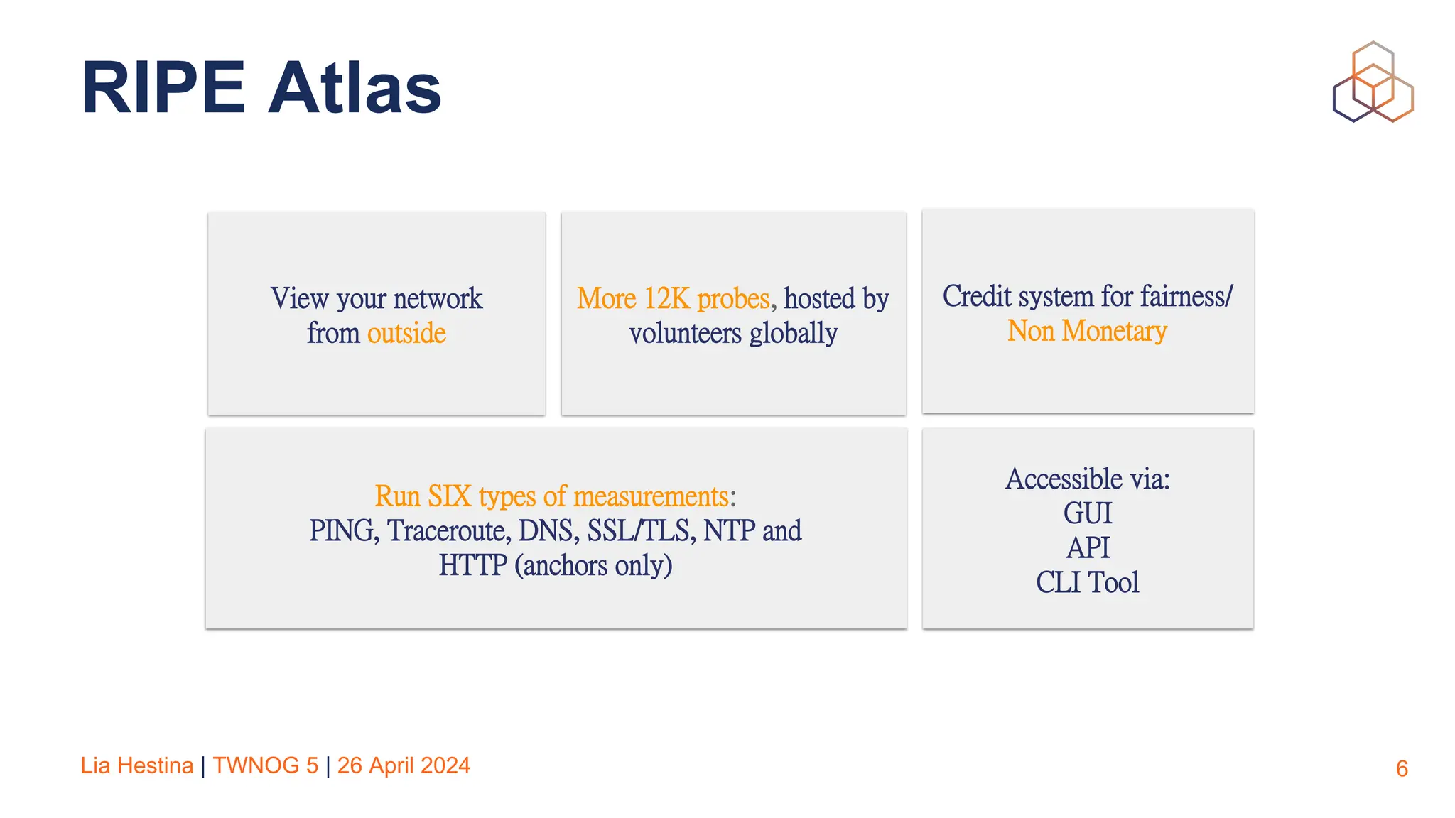 Lia Hestina | TWNOG 5 | 26 April 2024
RIPE Atlas
6
View your network
from outside
More 12K probes, hosted by
volunteers globally
Credit system for fairness/
Non Monetary
Accessible via:
GUI
API
CLI Tool
Run SIX types of measurements:
PING, Traceroute, DNS, SSL/TLS, NTP and
HTTP (anchors only)
 