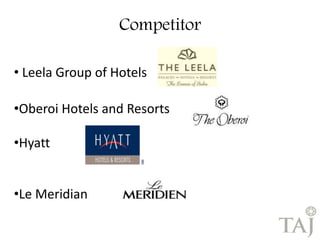Competitor 
• Leela Group of Hotels 
•Oberoi Hotels and Resorts 
•Hyatt 
•Le Meridian 
 