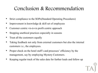 Conclusion & Recommendation 
• Strict compliance to the SOPs(Standard Operating Procedures) 
• Improvement in knowledge & skill set of employees 
• Customer centric vis-à-vis profit centric approach 
• Stopping unethical practices especially in seasons 
• Treat all the customers equally 
• Taking feedback not only from external customers but also the internal 
customers i.e., the employees. 
• Proper check on the hotel staff’s and processes’ efficiency by the 
management, say by employing Mystery Customers. 
• Keeping regular track of the sales data for further leads and follow up 
 