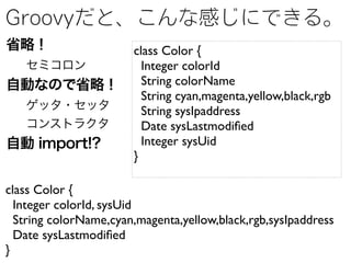 class Color {
                         Integer colorId
                         String colorName
                         String cyan,magenta,yellow,black,rgb
                         String sysIpaddress
                         Date sysLastmodiﬁed
                         Integer sysUid
                       }

class Color {
  Integer colorId, sysUid
  String colorName,cyan,magenta,yellow,black,rgb,sysIpaddress
  Date sysLastmodiﬁed
}
 