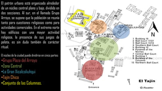 PATRON
URBANO
El patrón urbano está organizado alrededor
de un núcleo central plano y bajo, dividido en
dos secciones. Al sur, en el llamado Grupo
Arroyo, se supone que la población se reunía
tanto para cuestiones religiosas como para
actividades comerciales. En el extremo norte
hay edificios con una mayor actividad
religiosa, la presencia de sus juegos de
pelota, es sin duda también de carácter
ritual.
El núcleo de la ciudad puede dividirse en cinco partes:
•Grupo Plaza del Arroyo
•Zona Central
•La Gran Xicalcoliuhqui
•Tajín Chico
•Conjunto de las Columnas.
 