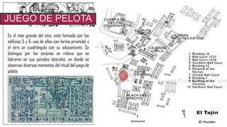 JUEGO DE PELOTA
SUREs el más grande del sitio, está formado por los
edificios 5 y 6, uno de ellos con forma piramidal y
el otro un cuadrángulo con su adosamiento. Se
distingue por las escenas en relieve que se
labraron en sus paredes laterales, en donde se
observan diversos momentos del ritual del juego de
pelota.
 