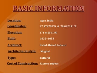 Location: Agra, India
Coordinates: 27.174799°N & 78.042111°E
Elevation: 171 m (561 ft)
Built: 1632–1653
Architect: Ustad Ahmad Lahauri
Architectural style: Mughal
Type: Cultural
Cost of Construction: 32crore rupees
 