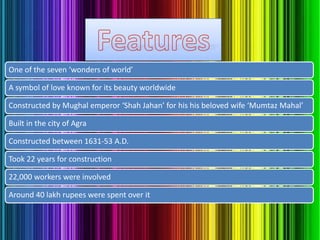 One of the seven ‘wonders of world’
A symbol of love known for its beauty worldwide
Constructed by Mughal emperor ‘Shah Jahan’ for his his beloved wife ‘Mumtaz Mahal’
Built in the city of Agra
Constructed between 1631-53 A.D.
Took 22 years for construction
22,000 workers were involved
Around 40 lakh rupees were spent over it

 