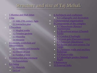  6 Architects and craftsmen
 6.1 Calligraphy and decoration
 7 Dimensional organisation
 8 Components of the complex
 8.1 Mausoleum (Rauza-i
munauwara)
 8.2 Riverfront terrace (Chameli
Farsh)
 8.3 Garden (Charbagh)
 8.4 Great gate (Darwaza-i rauza)
 8.5 Forecourt (Jilaukhana)
 8.6 Bazaar and caravanserai (Taj
Ganji)
 8.7 Perimeter walls and ancillary
buildings
 8.8 Waterworks
 8.9 Moonlight garden (Mahtab
Bagh)
 9 References
 10 External links
 1 Mumtaz and Shah Jahan
 2 Site
 2.1 16th–17th century Agra
 2.2 Interactive plan
 3 Precedents
 3.1 Mughal tombs
 3.2 Paradise gardens
 3.3 Mausolea
 3.4 Minarets
 4 Concepts, symbolism and
interpretations
 4.1 Symmetry and hierarchy
 4.2 Throne of God
 4.3 Symbol of love
 5 Construction and interment
 5.1 Foundations
 5.2 Dating
 5.3 Materials
 5.4 Cost
 
