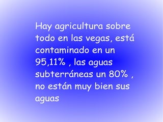 Hay agricultura sobre
todo en las vegas, está
contaminado en un
95,11% , las aguas
subterráneas un 80% ,
no están muy bien sus
aguas
 