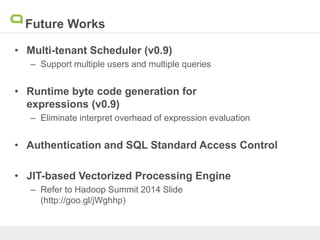 Future Works
• Multi-tenant Scheduler (v0.9)
– Support multiple users and multiple queries
• Runtime byte code generation for
expressions (v0.9)
– Eliminate interpret overhead of expression evaluation
• Authentication and SQL Standard Access Control
• JIT-based Vectorized Processing Engine
– Refer to Hadoop Summit 2014 Slide
(http://goo.gl/jWghhp)
 