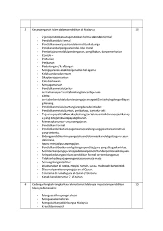 3 Kesanpengaruh Islam dalampendidikan di Malaysia
- 2 jenispendidikaniaitupendidikan formal dantidak formal
- Pendidikantidak formal
- Pendidikanawal /asuhandalaminstitusikeluarga
- Penekanandanpengajarannilai-nilai moral
- Pembelajaranmelaluipendengaran, penglihatan, danpemerhatian
- Contoh –
- Pertanian
- Perikanan
- Pertukangan / kraftangan
- Mengajaranak-anakmengenaihal-hal agama
- Kelakuandanadatresam
- Sikapbersopansantun
- Cara berkawan
- Menjagamaruah
- Pendidikanmelaluicerita-
ceritalisanseperticeritabinatangdanceritajenaka
- Cerita-
ceritaberbentukteladandanpengajaransepertiCeritaAnjingdenganBayan
g-bayang
- Pendidikanmelaluipantanglarangdanadatistiadat
- Pendidikanmelaluipantun, peribahasa, danteka-teki
- Tujuansupayatidakbercakapbohong,berkelakuanbaikdanmenjauhkanap
a yang ditegah/buatapayabgdisuruh.
- Menerapkanunsur-unsurpengajaran.
- Pendidikan Formal
- Pendidikanberkaitankeagamaansecaralangsung/peantaraaninstitusi
yang tertentu.
- Bidangpendidikanilmupengetahuandidominasikanolehgolonganatasan
danistana.
- Istana menjadipusatpengajian.
- Pendidikandiberikanolehgolonganpendita/guru yang ditugaskankhas.
- Memberikanpengajarankepadabakalpemerintahdanpembesarkerajaan.
- Selepaskedatangan Islam pendidikan formal berkembangpesat
- Tidakterhadkepadagolonganatasansemata-mata
- Semuagolonganterlibat.
- Dilaksanakan di istana, masjid, rumah, surau, madrasah danpondok
- Di rumahpenekananpengajaran al-Quran.
- Terutama di rumah guru al-Quran /Tok Guru.
- Kanak-kanakberumur 7-15 tahun.
15
4 Cadanganlangkah-langkahkearahmatlamat Malaysia majudalampendidikan
Islam padamasakini
- Menguasaiilmupengetahuan
- Menguasaikemahiran
- Mengukuhkanjatidiribangsa Malaysia
- Kreatifdaninovatif
15
 