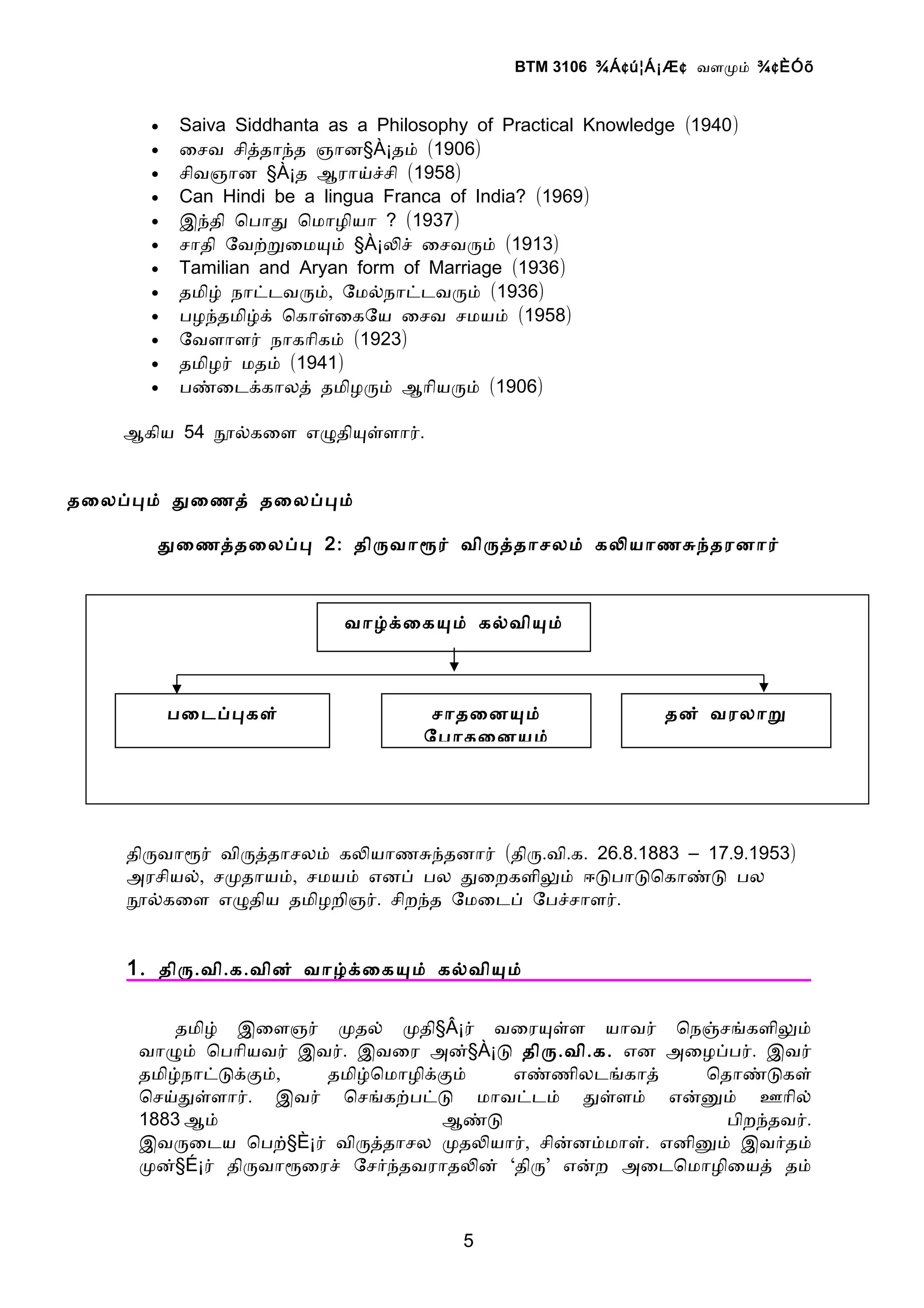 BTM 3106 ¾Á ¢ ú¦Á¡Æ ¢ வளமம் ¾ ¢ ÈÓõ


      •   Saiva Siddhanta as a Philosophy of Practical Knowledge (1940 )
      •   ைசவ சிததாநத ஞான§À¡தம் (1906)
      •   சிவஞான §À¡த ஆராயசசி (1958)
      •   Can Hindi be a lingua Franca of India? (1969)
      •   இநதி ொபாத ொமாழியா ? (1937)
      •   சாதி ேவறறைமயம் §À¡லச் ைசவரம் (1913)
      •   Tamilian and Aryan form of Marriage (1936)
      •   தமிழ் நாடடவரம், ேமலநாடடவரம் (1936)
      •   பழநதமிழக் ொகாளைகேய ைசவ சமயம் (1958)
      •   ேவளாளர் நாகாிகம் (1923)
      •   தமிழர் மதம் (1941)
      •   பணைடககாலத் தமிழரம் ஆாியரம் (1906)

    ஆகிய 54 நலகைள எழதியளளார்.


தைலபபம் தைணத் தைலபபம்

       தைணததைலபப 2 : திரவாரர் விரததாசலம் கலயாணசநதரனார்



                            வாழகைகயம் கலவியம்



          பைடபபகள்                    சாதைனயம்                  தன் வரலாற
                                     ேபாதைனயம்




    திரவாரர் விரததாசலம் கலயாணசநதனார் (திர.வி.க. 26.8.1883 – 17.9.1953)
    அரசியல், சமதாயம், சமயம் எனப் பல தைறகளிலம் ஈடபாடொகாணட பல
    நலகைள எழதிய தமிழறிஞர். சிறநத ேமைடப் ேபசசாளர்.


    1 . திர.வி.க.வின் வாழகைகயம் கலவியம்

         தமிழ் இைளஞர் மதல் மதி§Â¡ர் வைரயளள யாவர் ொநஞசஙகளிலம்
     வாழம் ொபாியவர் இவர். இவைர அன்§À¡ட திர.வி.க. என அைழபபர். இவர்
     தமிழநாடடககம்,    தமிழொமாழிககம்    எணணிலடஙகாத்     ொதாணடகள்
     ொசயதளளார். இவர் ொசஙகறபடட மாவடடம் தளளம் எனனம் ஊாில்
     1883 ஆம்                   ஆணட                      பிறநதவர்.
     இவரைடய ொபற்§È¡ர் விரததாசல மதலயார், சினனமமாள். எனினம் இவரதம்
     மன்§É¡ர் திரவாரைரச் ேசரநதவராதலன் ‘திர’ எனற அைடொமாழிையத் தம்



                                         5
 