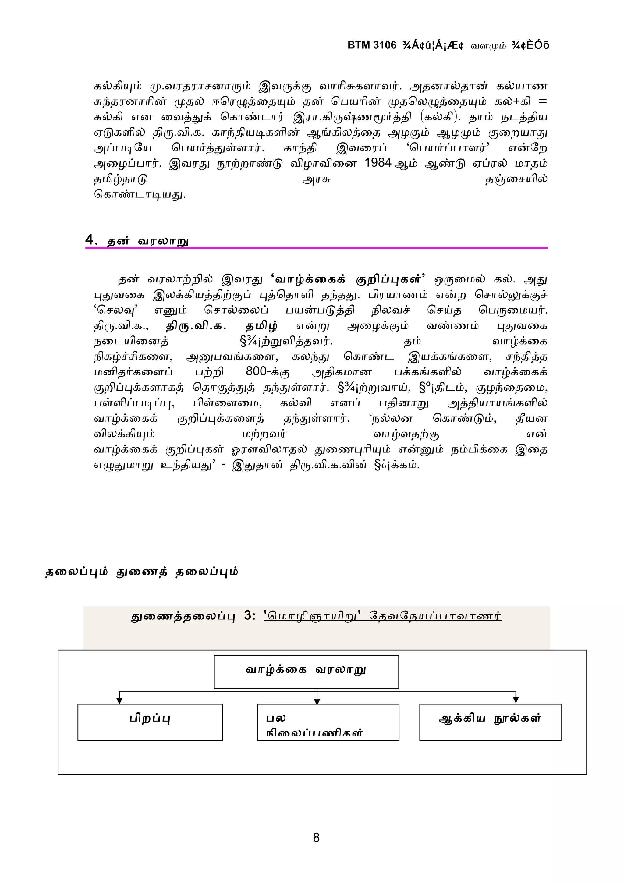 BTM 3106 ¾Á ¢ ú¦Á¡Æ ¢ வளமம் ¾ ¢ ÈÓõ


     கலகியம் ம.வரதராசனாரம் இவரகக வாாிசகளாவர். அதனாலதான் கலயாண
     சநதரனாாின் மதல் ஈொரழதைதயம் தன் ொபயாின் மதொலழதைதயம் கல்+கி =
     கலகி என ைவததக் ொகாணடார் இரா.கிரஷணமரததி (கலகி). தாம் நடததிய
     ஏடகளில் திர.வி.க. காநதியடகளின் ஆஙகிலதைத அழகம் ஆழமம் கைறயாத
     அபபடேய     ொபயரததளளார்.    காநதி  இவைரப்  ‘ொபயரபபாளர்’ எனேற
     அைழபபார். இவரத நறறாணட விழாவிைன 1984 ஆம் ஆணட ஏபரல் மாதம்
     தமிழநாட                       அரச                   தஞைசயில்
     ொகாணடாடயத.


    4 . தன் வரலாற

         தன் வரலாறறில் இவரத ‘வாழகைகக் கறிபபகள்’ ஒரைமல் கல். அத
     பதவைக இலககியததிறகப் பதொதாளி தநதத. பிரயாணம் எனற ொசாலலககச்
     ‘ொசலவ’ எனம் ொசாலைலப் பயனபடததி நிலவச் ொசயத ொபரைமயர்.
     திர.வி.க., திர.வி.க.  தமிழ் எனற அைழககம் வணணம் பதவைக
     நைடயிைனத்            §¾¡றறவிததவர்.         தம்         வாழகைக
     நிகழசசிகைள, அனபவஙகைள, கலநத ொகாணட இயககஙகைள, சநதிதத
     மனிதரகைளப்     பறறி   800-கக  அதிகமான    பககஙகளில்    வாழகைகக்
     கறிபபககளாகத் ொதாகததத் தநதளளார். §¾¡றறவாய், §º¡திடம், கழநைதைம,
     பளளிபபடபப, பிளைளைம, கலவி எனப் பதினாற அததியாயஙகளில்
     வாழகைகக்     கறிபபககைளத்   தநதளளார். ‘நலலன     ொகாணடம்,   தீயன
     விலககியம்            மறறவர்           வாழவதறக               என்
     வாழகைகக் கறிபபகள் ஓரளவிலாதல் தைணபாியம் எனனம் நமபிகைக இைத
     எழதமாற உநதியத’ - இததான் திர.வி.க.வின் §¿¡ககம்.




தைலபபம் தைணத் தைலபபம்


          தைணததைலபப 3 : ' ொமாழிஞாயிற ' ேதவேநயபபாவாணர்



                          வாழகைக வரலாற


         பிறபப              பல                         ஆககிய நலகள்
                            நிைலபபணிகள்




                                   8
 